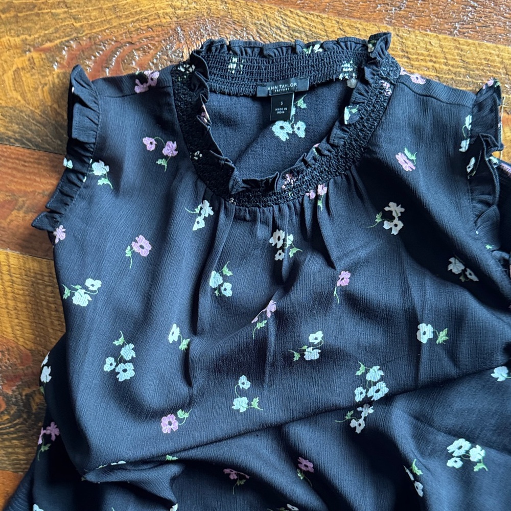 Ann Taylor Factory Black Floral Blouse with Ruffle Trim and matching skirt